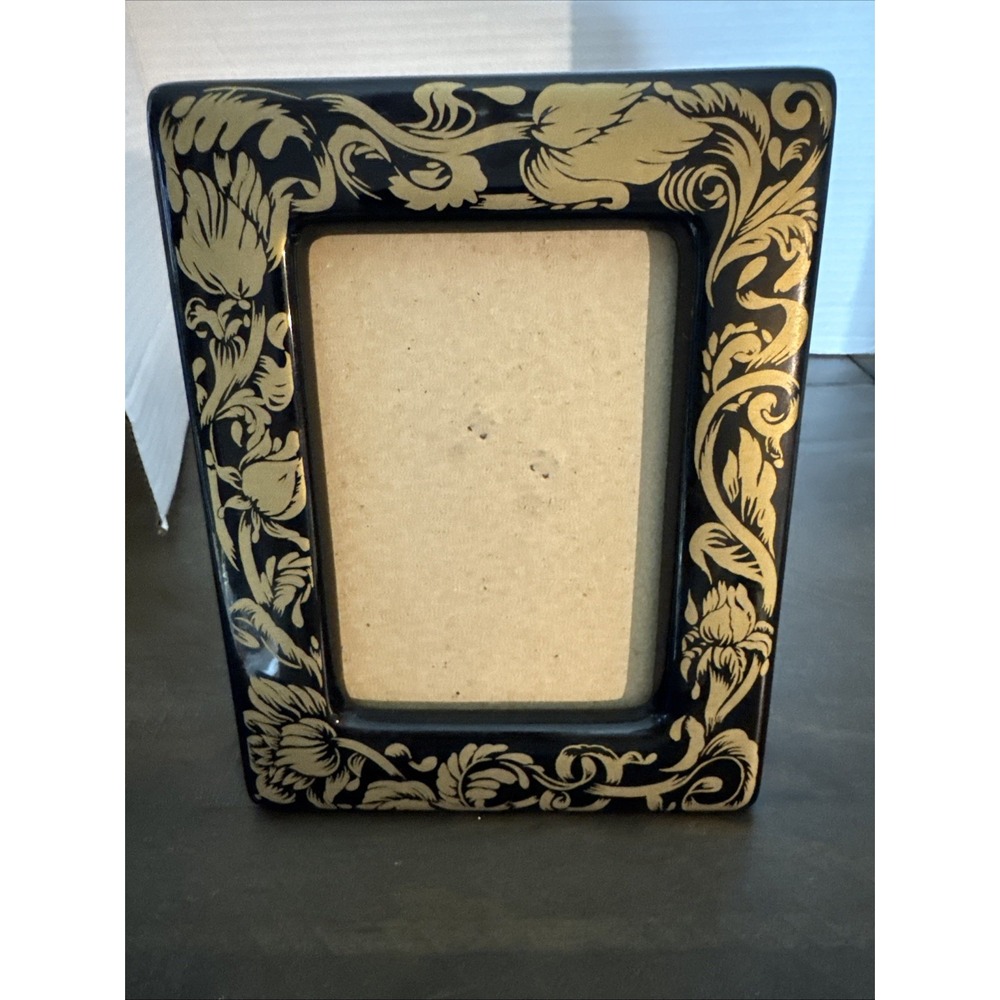 Vintage Four Seasons Frame Black Ceramic Gold Handpainted Floral 3.5" X 5"‎